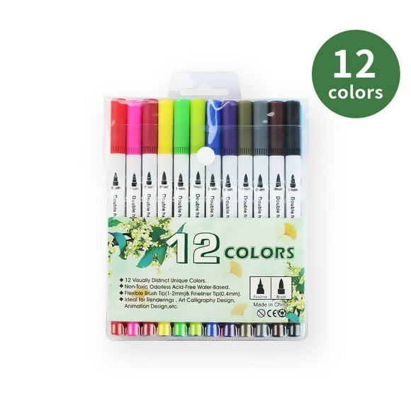 12 Packs Dual Tip Colored Pens Brush and Fine Tip Pens Double Head Ended Colorful Drawing Pens Art Pens Felt Tip Coloring Writing Painting Lettering Markers (12 Assorted Colors)