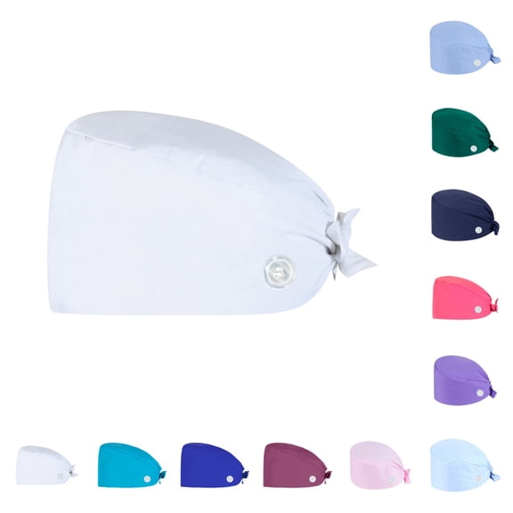 Mens Scrub Caps with Buttons Breathable Working Cap Head Cover Adjustable Tie Back Cap White