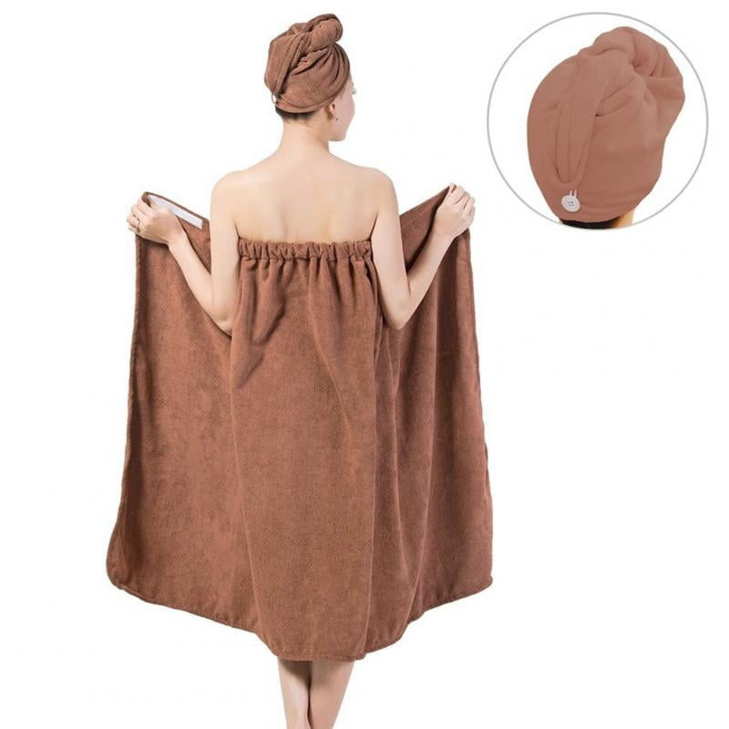 Women Soft Spa Bath Body Wrap Set Towel Bathrobe With Fast Dry Hair Drying Cap.