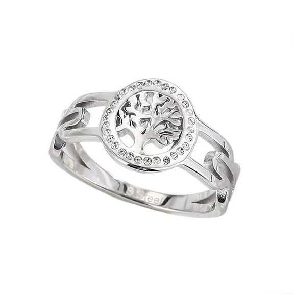 HIJONES Women's Stainless Steel Dainty Tree of Life Ring Cubic Zirconia Inlay Promise Wedding Engagement Jewelry Silver Size 8