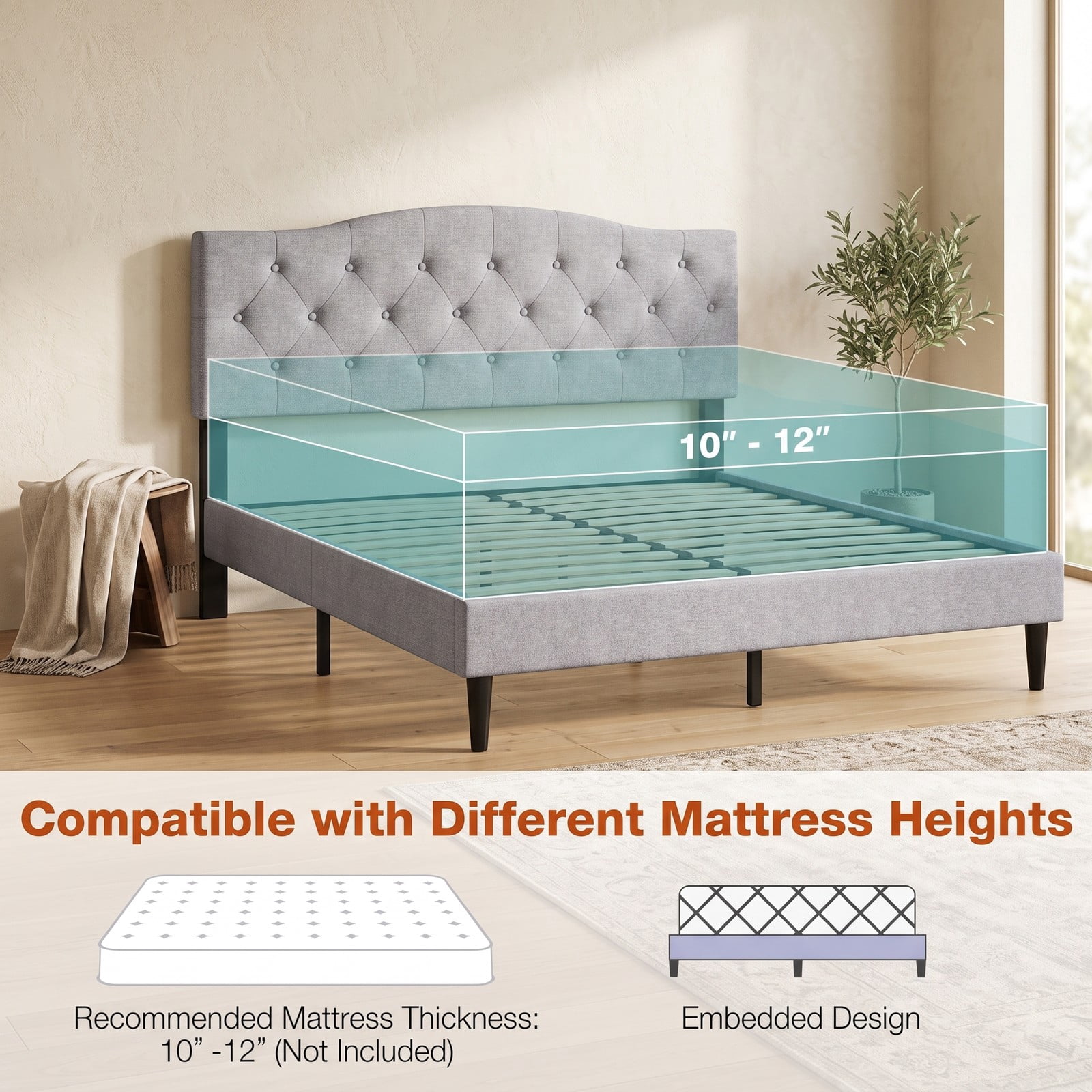 Furnibear Queen Bed Frame Upholstered Platform Bed with Button Tufted Headboard and Wooden Slats for Bedroom and Guest Room, Gray