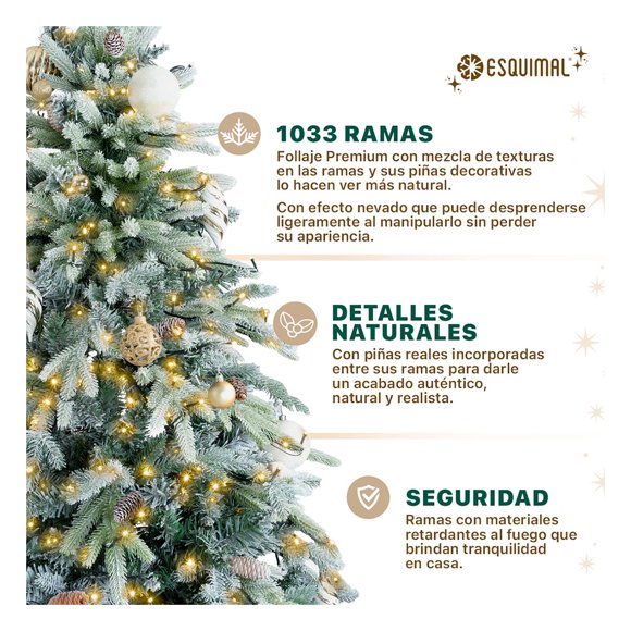 Árbol Navidad Nevado + Piñas Pino Navideño 2.5m Ramas Mixtas Esquimal