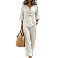 thumbnail image 2 of Stralyhd Two Piece Sets for Women Comfort Loungewear Three Quarter Flounce Sleeve Solid Top High Waist Wide Leg Casual Pants Set White M, 2 of 4