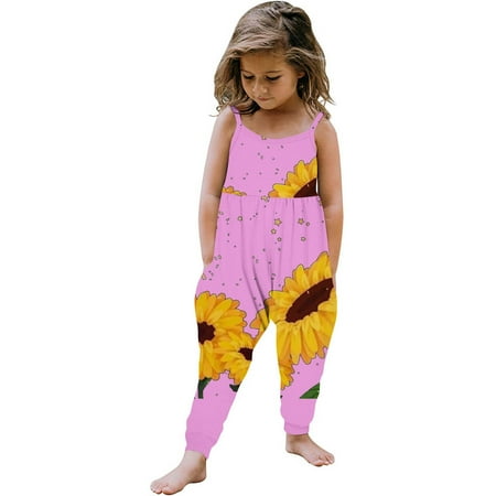 

Toddler Baby Girls Jumpsuits Kids Flowers Printed Strap Romper Harem Pants Onesies Fashion Clothes with Pockets 1-6 Years(Pink 1 Years)
