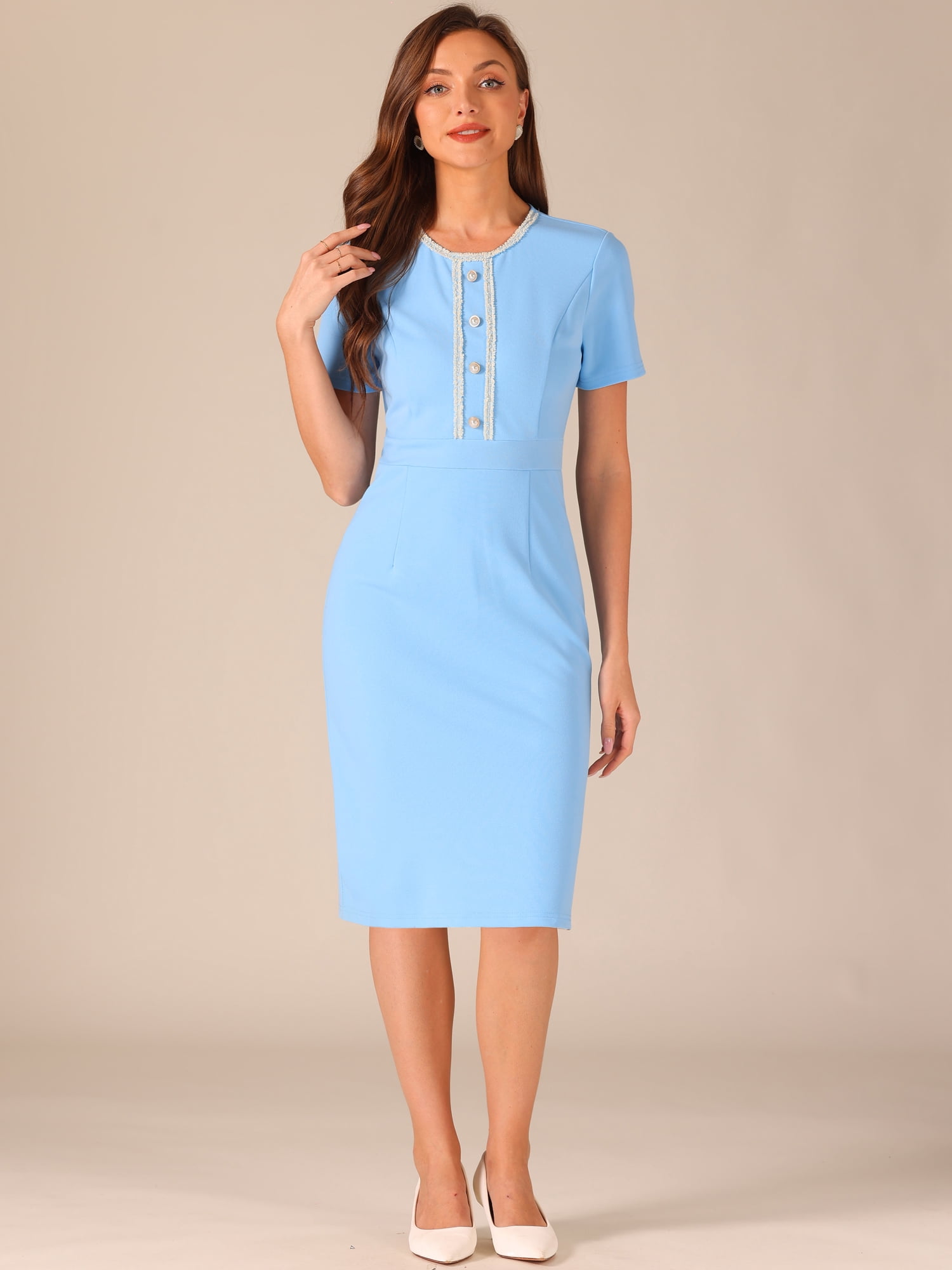 DARING DIVA Work Business Square Neck Color Block Bodycon Sheath Dresses M Sky Blue
