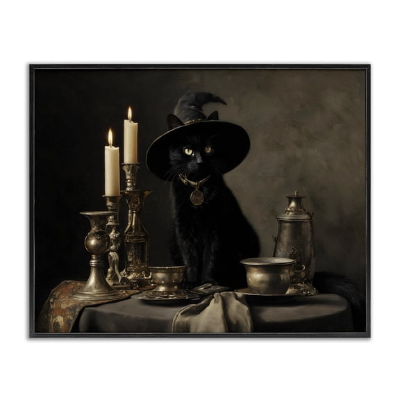 Vintage Witchy Black Cat Black Framed Giclee Art, design by Arlington Prints