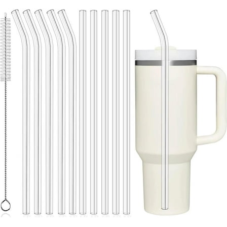 12" Reusable Straws for Stanley 40oz Cup Tumbler, 10-Pack Long Plastic Straws with Cleaning Brush, Clear Bend Replacement Straw for Drinking Smoothie, Milkshake | Food Grade Tritan