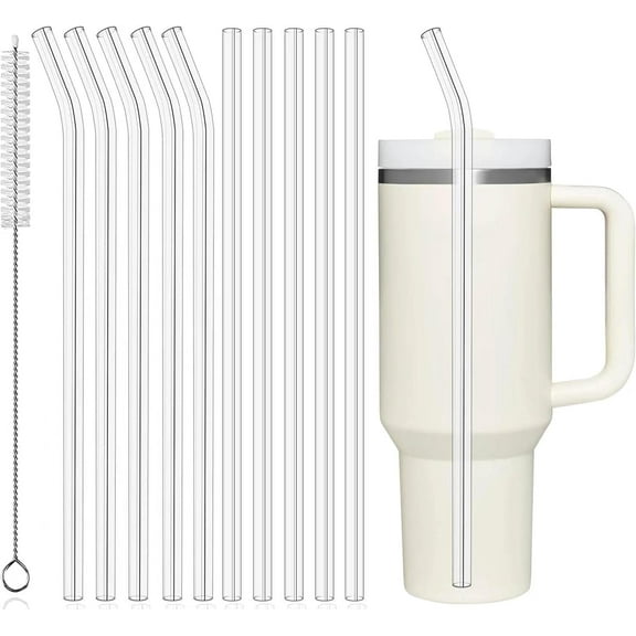 12" Reusable Straws for Stanley/Yeti 30oz-40oz Cup Tumbler, 10-Pack Long Plastic Straws with Cleaning Brush, Clear Bend Replacement Straw for Drinking Smoothie, Milkshake | Food Grade Tritan