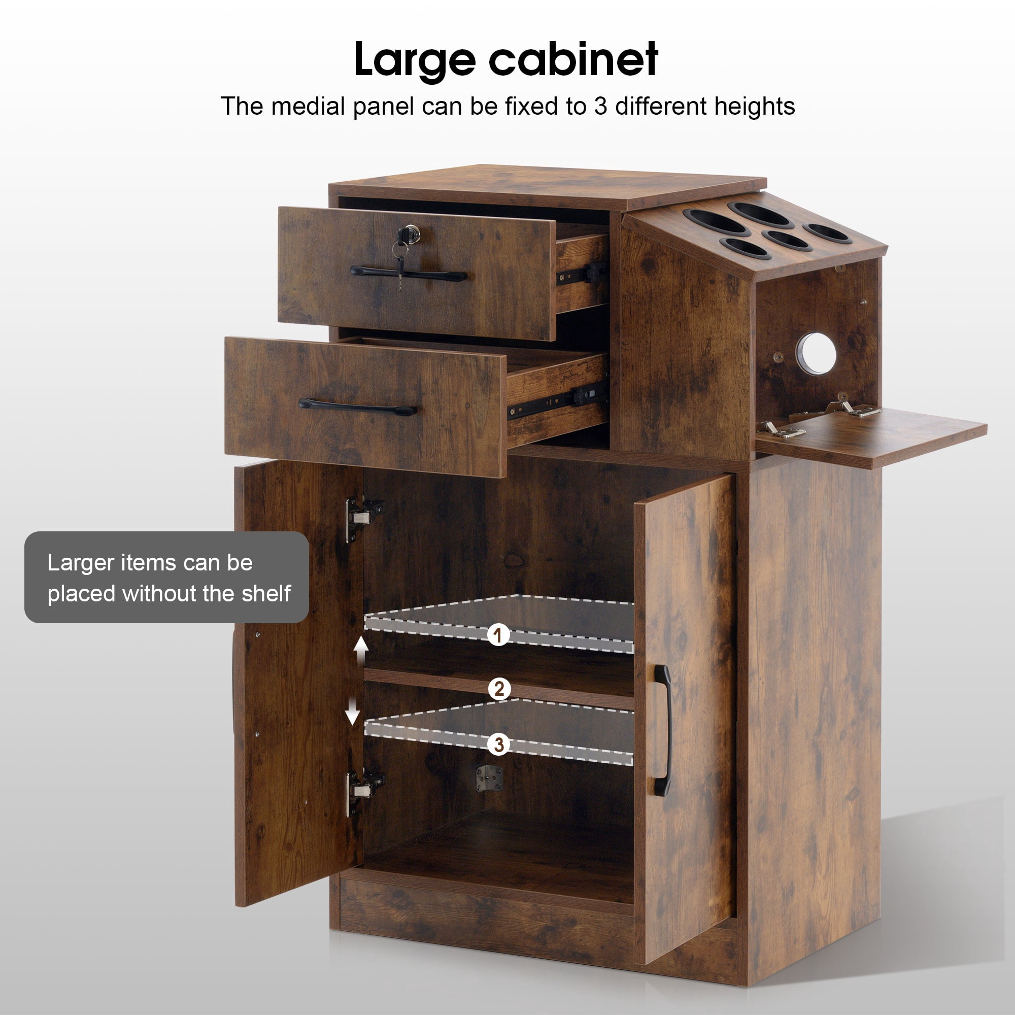 Beauty Spa Locking Storage Cabinets with Drawers, Hair Stylist Holders, Salon Styling Station for Hair Stylist, Brown
