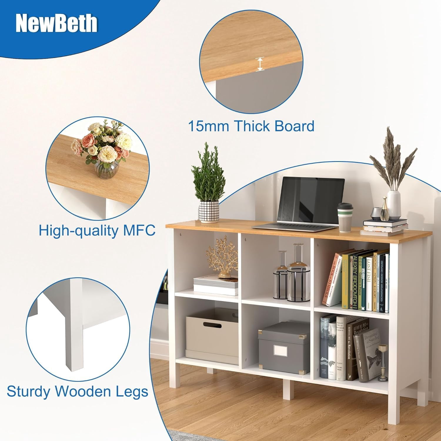 NEWADARA 6-Cube Bookcase, Farmhouse Wooden Bookshelf Low Storage Organizer, 45" Horizontal White Console with Legs, Hallway Book Case for Entryway, Display Cabinet for Living Room (White, 6-Cube)