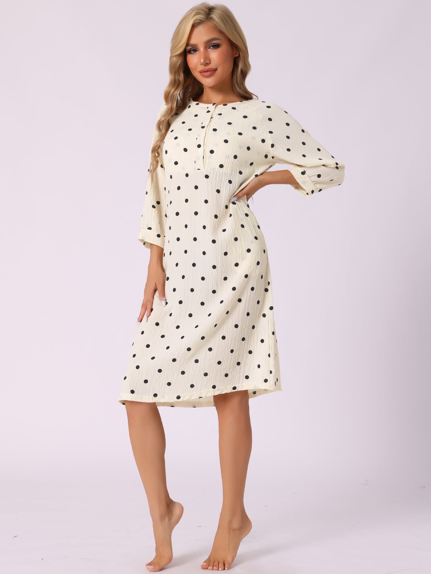 DARING DIVA Women's Button Up Sleepwear 3/4 Sleeve Crew Neck Nightshirt XS Black polka dots