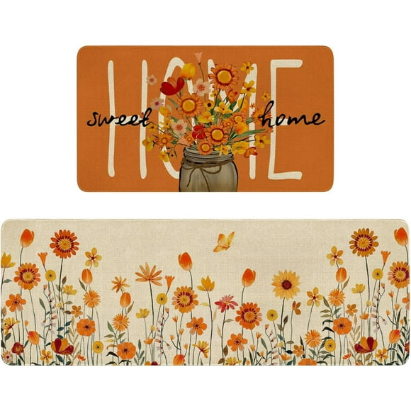 Fall Thanksgiving Kitchen Rugs Set of 2,Home Sweet Home Sunflowers Farmhouse Floor Mats and Rugs Non Skid Washable for Kitchen Home Decor (17"x47"+17"x30")