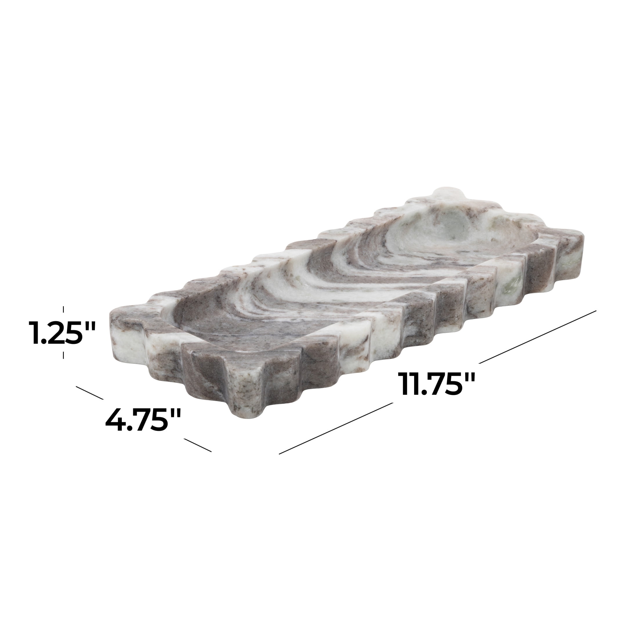 DecMode 12" x 5" Gray Marble  Tray with Brown Swirl Pattern and Wavy Edges, 1-Piece