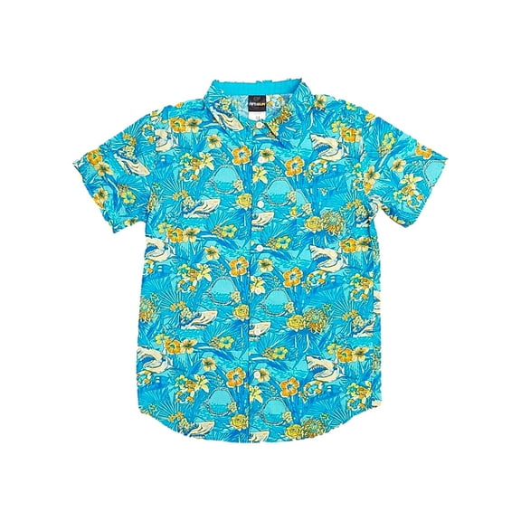 Fifthsun Boys Blue Shark & Tropical Flower Short Sleeve Button Front Shirt XL
