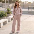 thumbnail image 6 of Szluipve 2 Piece Sets for Women 2 Piece Outfits Side Stripe Zip Up Collar Jacket & Wide Leg Pants Set Ribbed Textured Casual Tracksuit Loungewear Suit for Daily Travel Pink L, 6 of 7