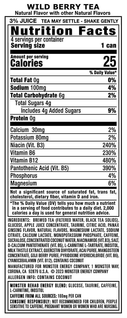 Monster Rehab Wild Berry Tea, 16 Oz Cans - Pack of 24