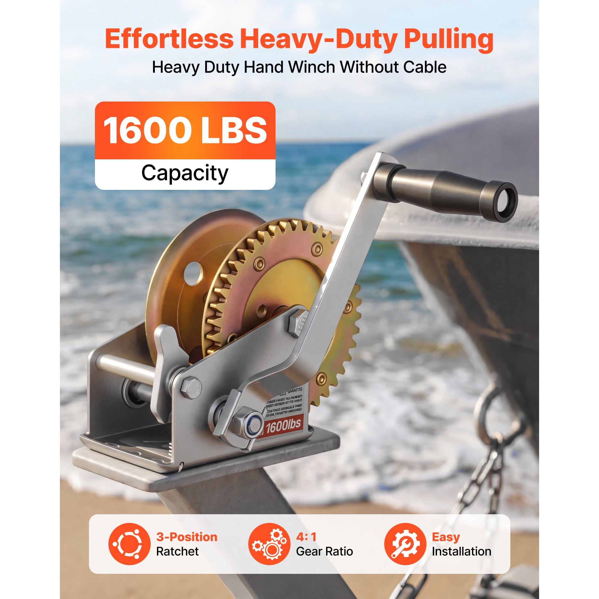 KFFKFF 1600 lbs Hand Winch, Durable Manual Rope Crank with Two-Way Ratchet, 4:1 Gear Ratio, Easy-to-Install Gear for Boat Trailer and ATV Towing