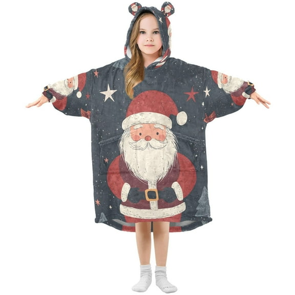 FORMRS Wearable Blanket Hoodie with Sleeves for Kids Cozy Flannel Sweatshirt, Blue Christmas Santa