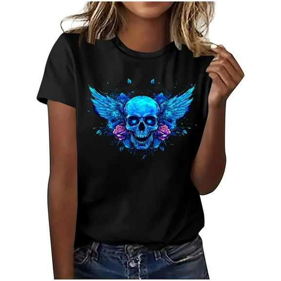 Busydd Womens Halloween Tops Comfortable Cotton Tshirts Shirts for Women Short Sleeve Graphic Tees for Women Casual Round Neck Womens Fall Tops M