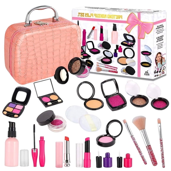 Rirool Kids Pretend Makeup Kit for Girls Age 3 , 21 Piece Toy Cosmetic Play Set with Carry Bag, Brushes, Mirror and Accessories, Not Real Makeup, Toddler Role Play Gift, Pink Set