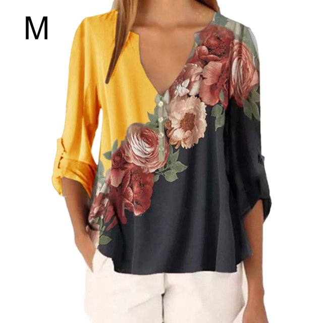 Blusa Camisa con cuello en V y estampado floral Blusa suelta de manga larga Top de mujer, Amarillo, M Noticed AP002021-26