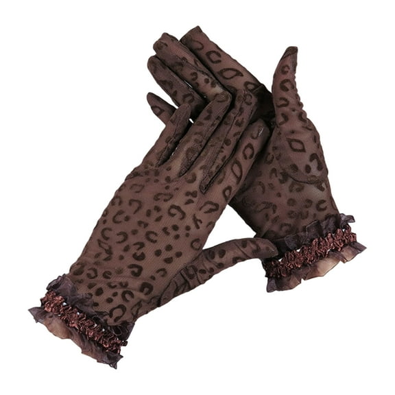 1 Pair Wedding Gloves See-through Thin Lace Leopard Print Hollow Out Decorate Shirring Vintage Breathable Prom Gloves for Dating,Coffee
