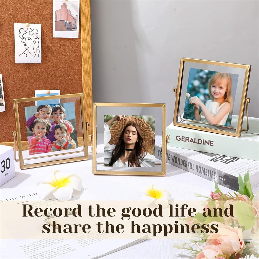 NOGIS Metal Picture Frames, Ornate Minimal Floating Edge Clear Glass Table Top Easel Stand Photo Frames in Gold, 4 x 4, Assortment Variety