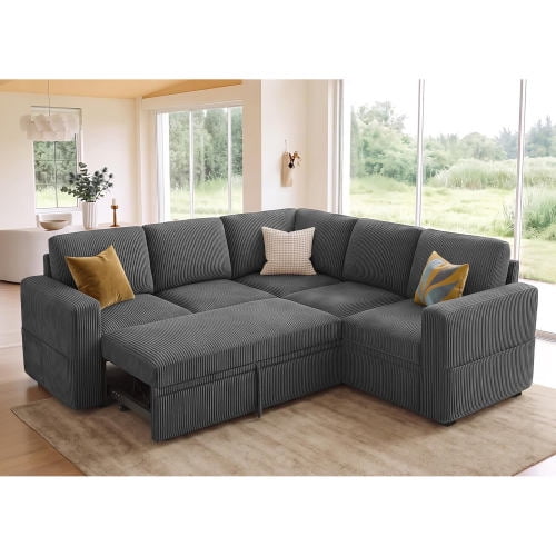Modular Sectional Sleeper Sofa, 5-Seat Corduroy L-Shaped Couch with Pull Out Bed and Storage Seats, Dark Grey for Living Room