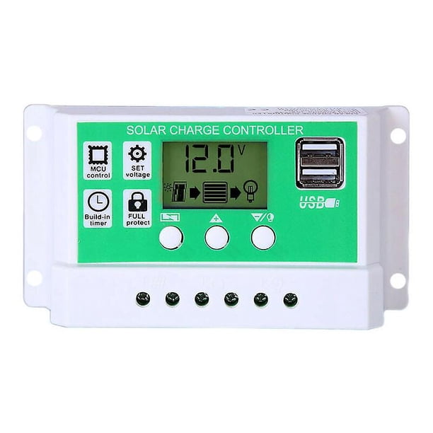 Controlador de carga del regulador del panel solar de 30 A para controlador de carga inteligente de batería de plomo/litio de 12 V/24 V con pantalla LCD y puertos USB duales, temporizador de encendid