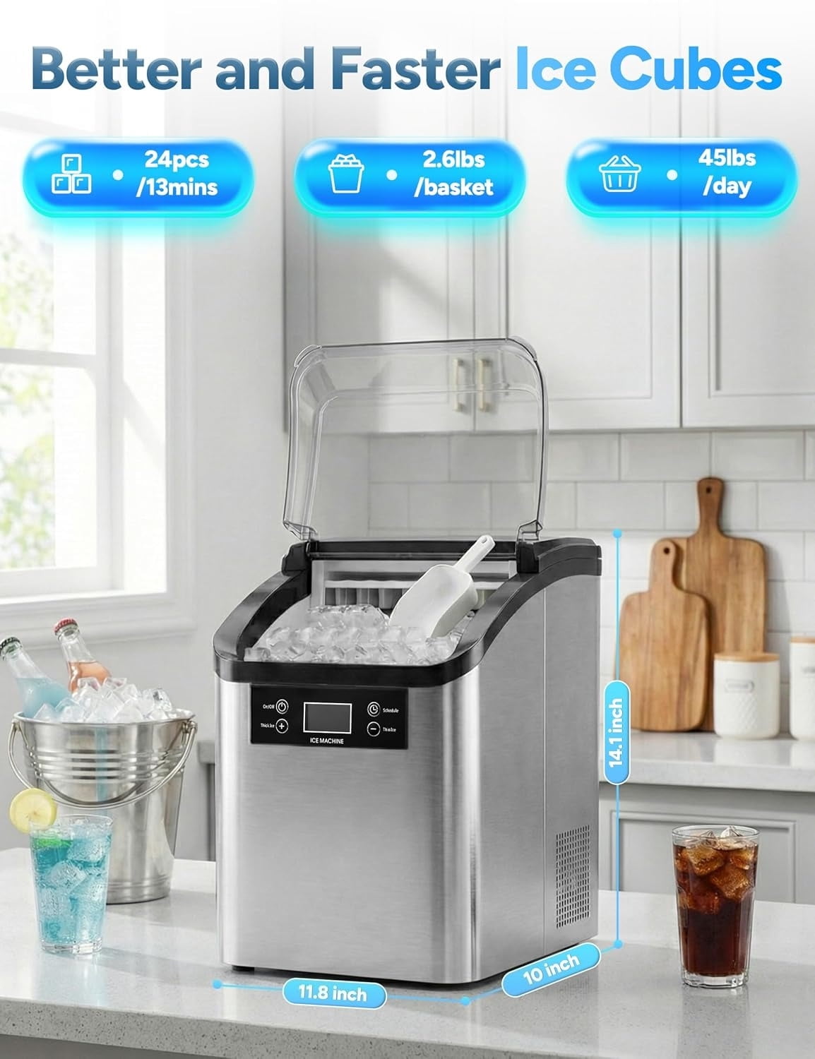 Countertop Ice Maker, 45Lbs/Day Clear Ice Cube Maker with Self-Priming Water Supply, 24 Cubes Ready in 13 Mins, 6 Ice Thickness Levels, Stainless Steel Ice Maker Machine for Home Kitchen Office Bar