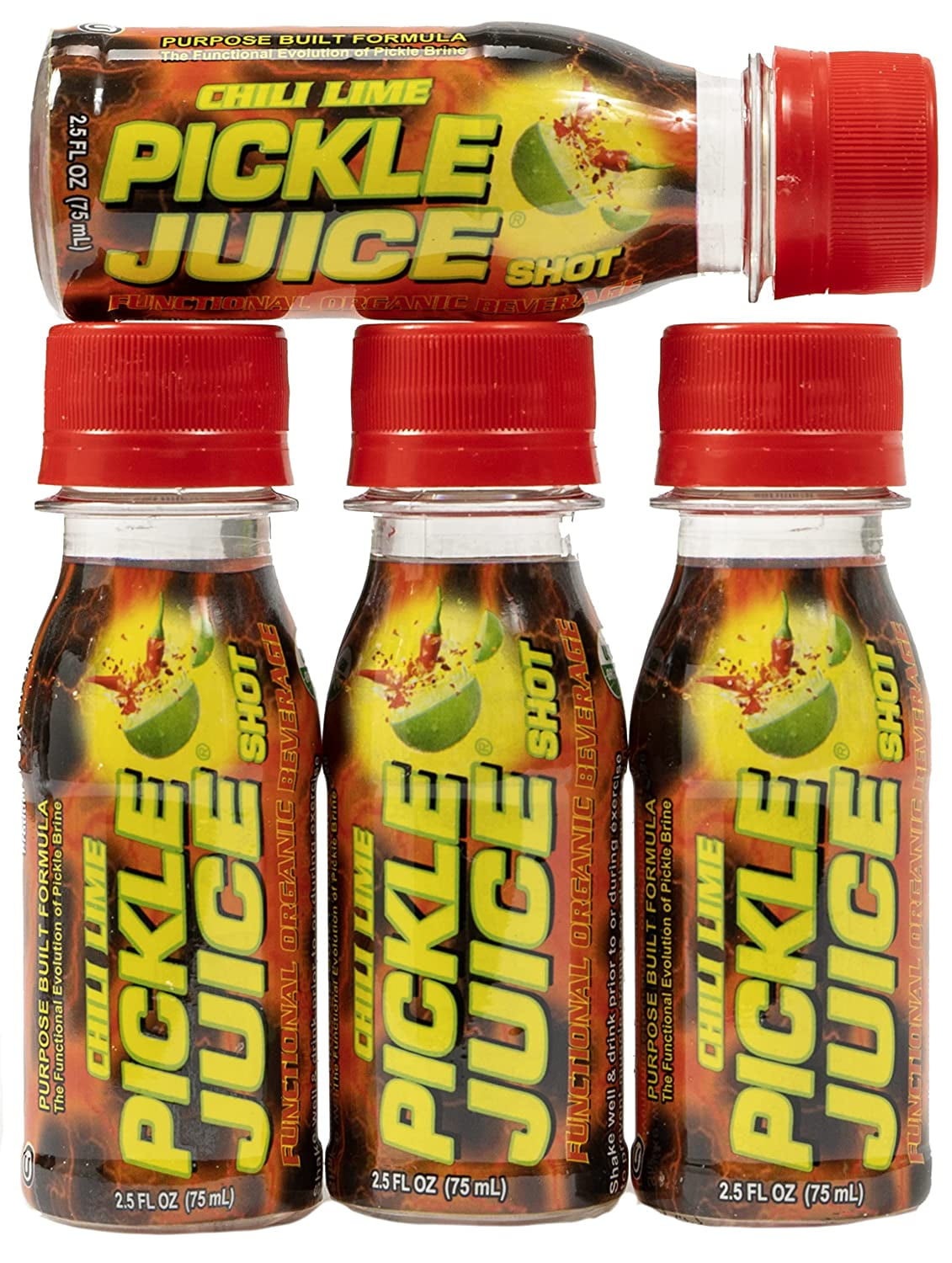 (12 pack) Pickle Juice Shot, 2.5 oz Bottle, Chili Lime, Organic, Extra Spicy, Liquid Muscle Relief, Spicy Medium