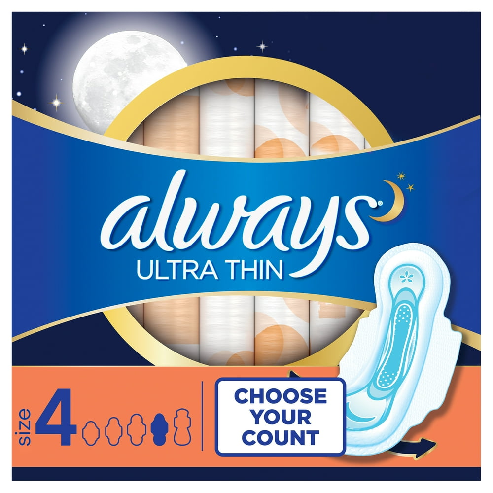 Always Ultra Thin Pads Unscented with Wings, Overnight Absorbency, Size