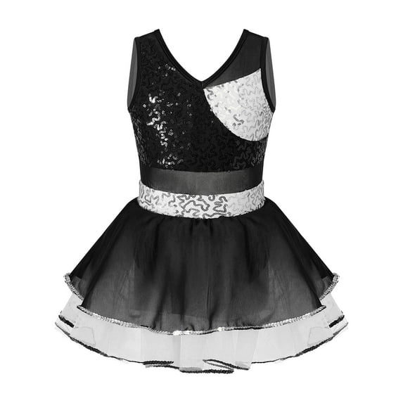 YEAHDOR Girls V Neck Sequin Ballet Dance Dress Shiny Glitters Tutu Skirted Leotard Ballerina Dancewear