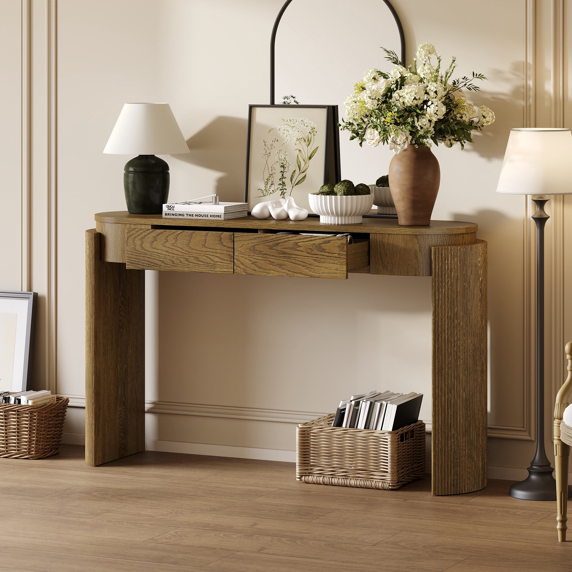 Harper & Bright Designs Fluted Console Table with Storage, Wood Entryway Table with Drawers and Oval Top Shelf, Pine Wood