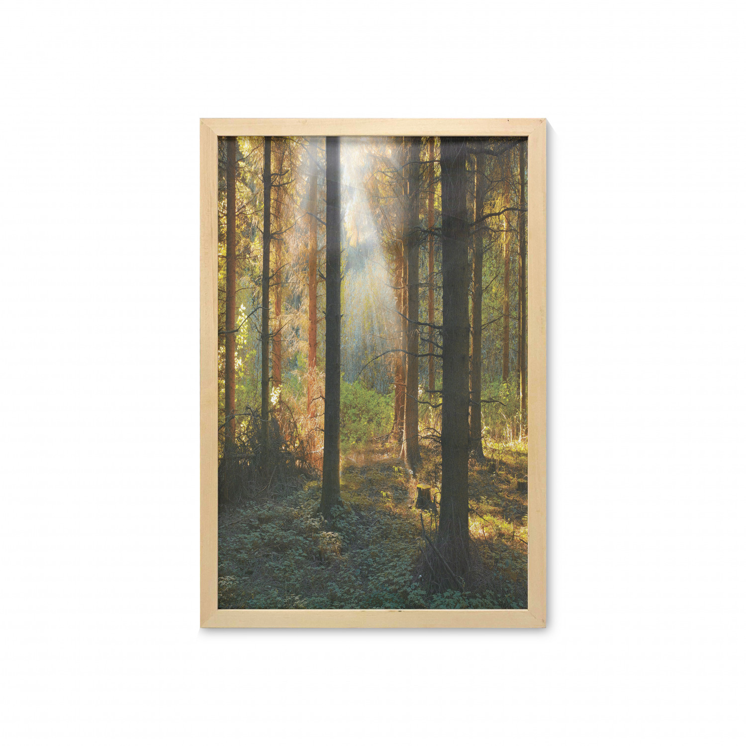 Forest Wall Art with Frame, Sunset View of Dark Pine Woodland in Autumn Foggy Scene Sunbeams Trunks Shadow, Printed Fabric Poster for Bathroom Living Room, 23" x 35", Orange Green, by Ambesonne - image 1 of 2