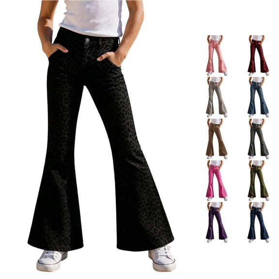OSOLU Girls Pants Button Waist Pockets Leopard Print Flare Leg Trendy Casual Daily Bottoms Black