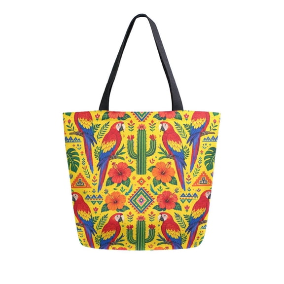 Open Top Canvas Shoulder Handbag with Interior Zipper Pocket Large-Capacity Tote Bag Brightly Colored Macaws Pattern