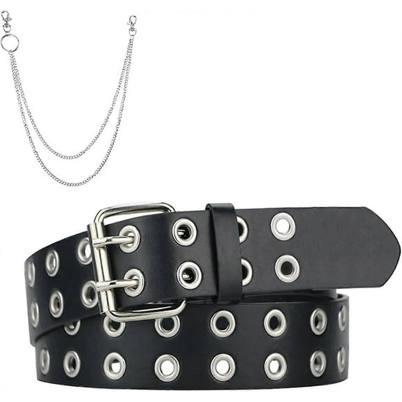 Macoking Grommet Leather Belts For Women, Black Belt Women Men With Double Studded Holes