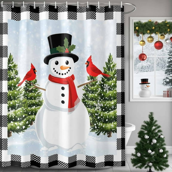 Christmas Snowman Shower Curtains for Bathroom, Xmas Tree Cardinal Black White Plaid Waterproof Fabric Shower Curtain for Bathroom Bathtub Decoration, Machine Washable, 54x"78"