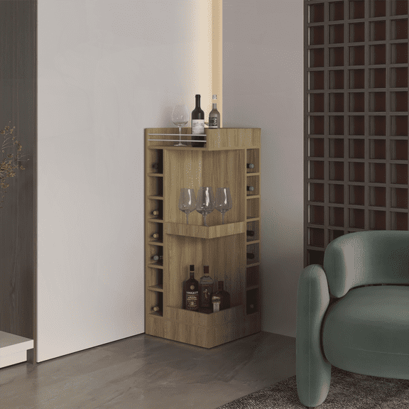Modern Natural Oak Bar Cabinet with 16 Shelves - Compact Storage for Home & Apartment