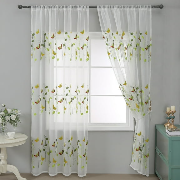 Sunyuer Butterfly Embellished Sheer White Curtains for Living Room, Solid Voile Curtain Draperies Rod Pocket Curtains for Bedroom Home Decor, 2 Panels