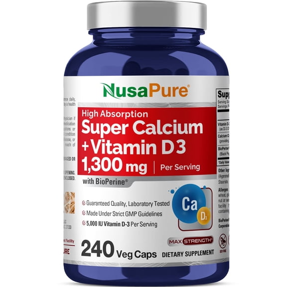 NusaPure Super Calcium with Vitamin D 3 & Calcium Citrate - Suitable for Vegetarian/Vegan, Non - GMO - 1300mg - 240 Capsules
