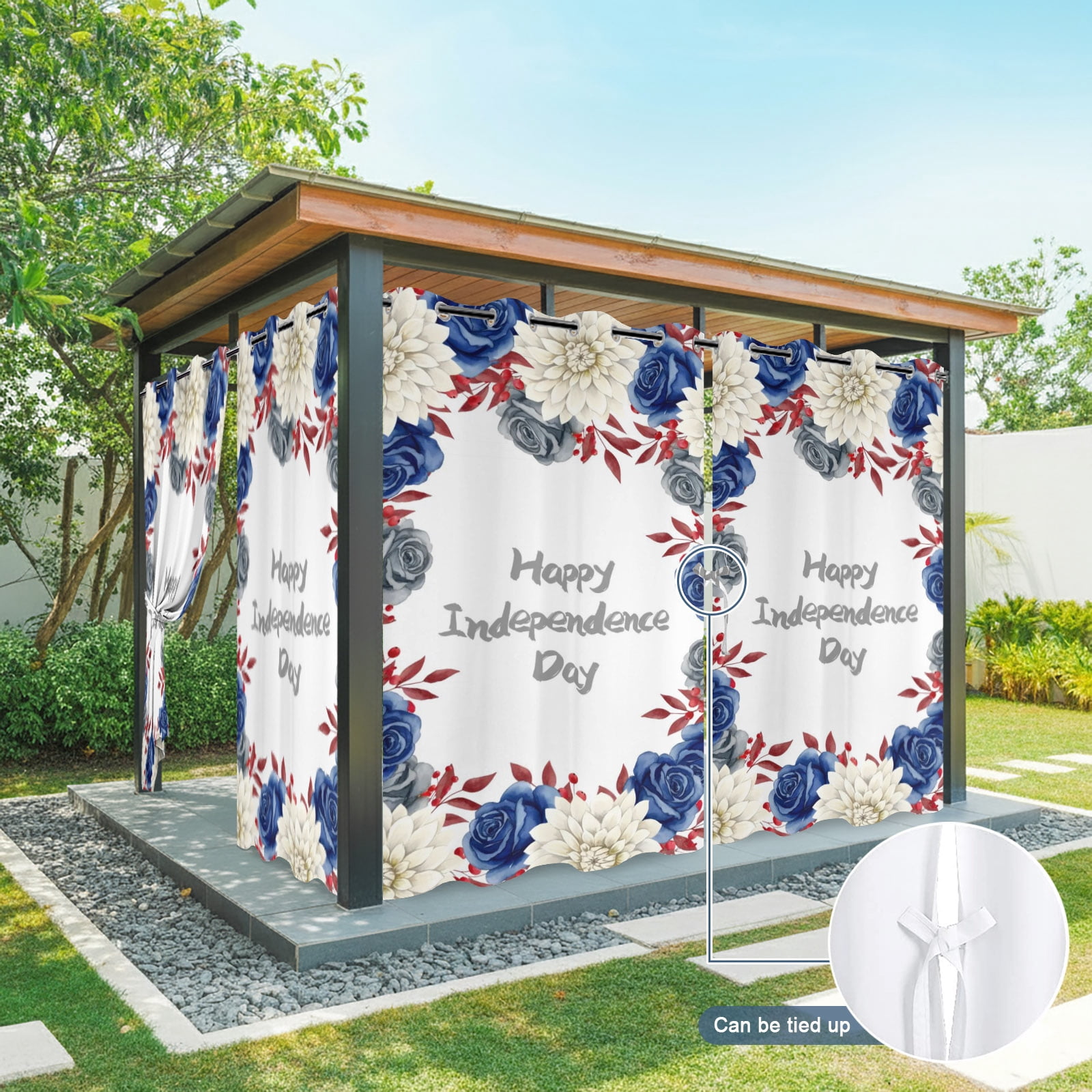 Happy Independence Day Outdoor Curtains for Patio, Red Blue Rose Dahlia Flower Sunshade Privacy Drapes Grommet Waterproof Outside Curtains for Porch/Cabana/Balcony 54"x 108", 1 Panel