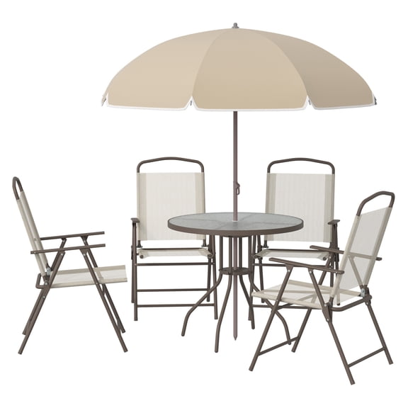6 Piece Patio Dining Set for 4 with Umbrella, Outdoor Table & Chairs, Folding Design, Beige