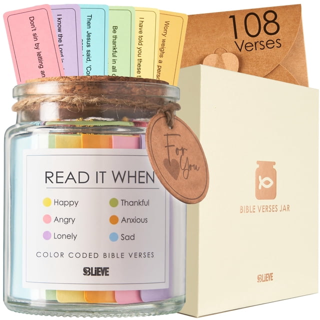 Tarro con versículos bíblicos BLIEVE Read Me When con 108 tarjetas de las Escrituras