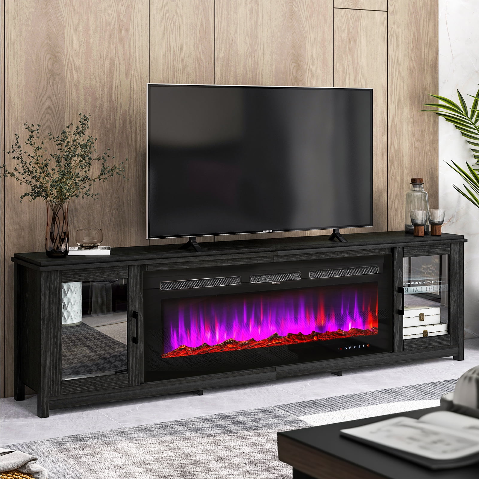Easoger Fireplace TV Stand for TVs up to 90", 80" TV Stand with 50" Electric Fireplace, Entertainment Center with Glass Doors, Black