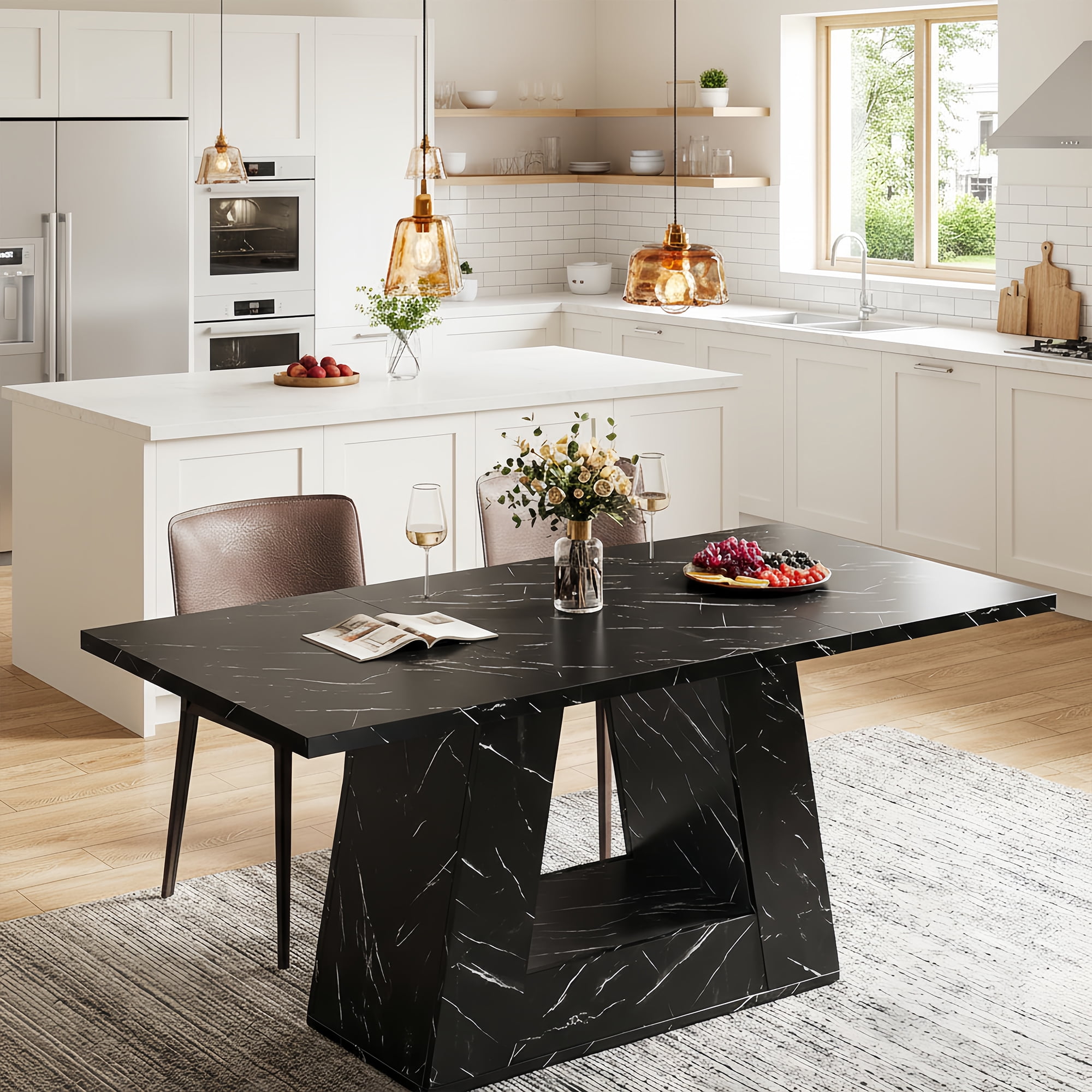 Modern Black Faux Marble Dining Table, 63" Rectangular 4-6 Seater Wood Table with Sturdy Base, Kitchen Living Room Dinner Table