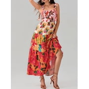 Mevireiy Women Y2K Flowy Smocked Maxi Dress Sleeveless Tie Shoulder Boho Floral Beach Sundresses
