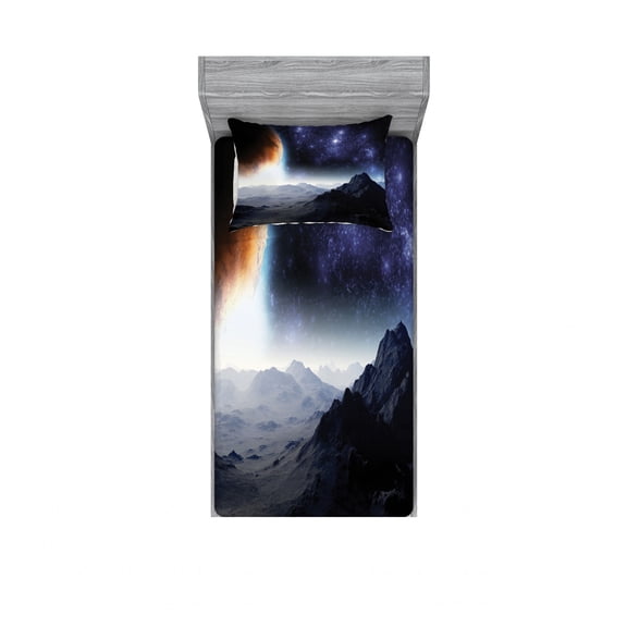 Ambesonne Galaxy Fitted Sheet & Pillow Sham Set, Science Fiction Nature, Twinxl, Purple Black Orange