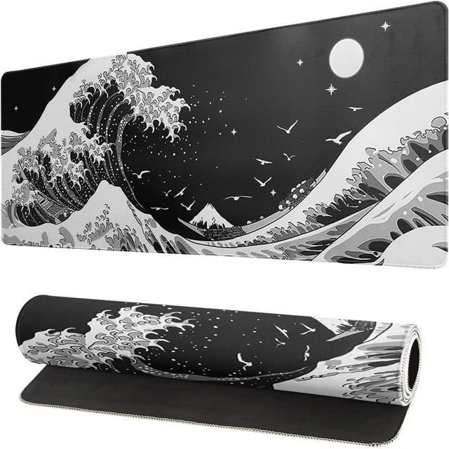 Japanese Black Sea Wave Mouse Pad - Abstract Black Gaming Mouse Pad 31.5x11.8 Inch Non-Slip Rubber Base Large Mousepad Stitched Edges Keyboard Mouse Mat Desk Pad for Office Home